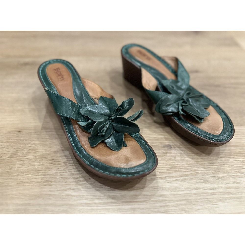 Born Green Leather Floral Slide Sandals